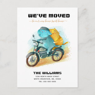 Grappige Hond Kat Rijden Motorfiets Nieuw Huis Ver Aankondigingskaart