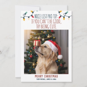 Grappige hond kerstfoto met aangepaste namen feestdagenkaart
