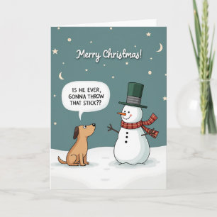 Grappige hond kerstkaart sneeuwman stok apporteren kaart