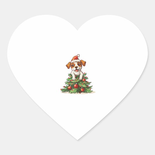 Grappige hond klimt op kerstboom kostuum hart sticker (Voorkant)