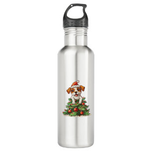 Grappige hond klimt op kerstboom kostuum waterfles 