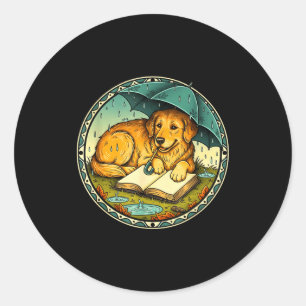 Grappige Hond Leest Boek Regen Gezellig Parasol Sc Ronde Sticker