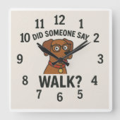 Grappige hond "lopen?" Cartoon vierkant wandklok (Voorkant)