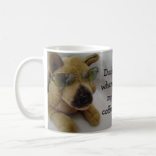 Grappige hond met koffie zin koffiemok (Links)
