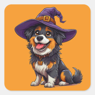Grappige Hond met Paarse Tovenaarshoed Halloween Vierkante Sticker