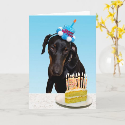 Grappige hond met taart Verjaardag Kaart (Gele Bloem)