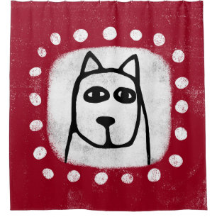 Grappige hond op rood douchegordijn