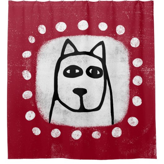 Grappige hond op rood douchegordijn (Voorkant)