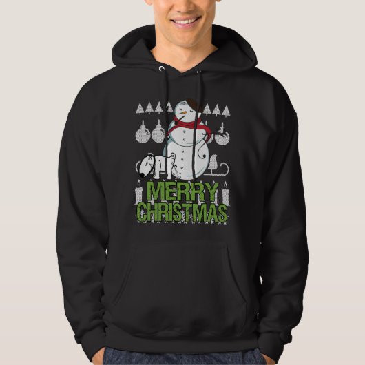 Grappige hond plassen op sneeuwpop lelijke kerst t hoodie (Voorkant)