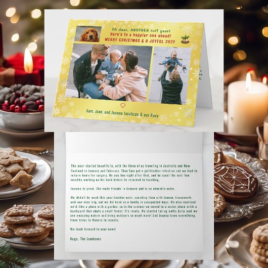 Grappige Hond Ruff Jaar 3 Foto's Vrolijk Xmas Goud Kaart