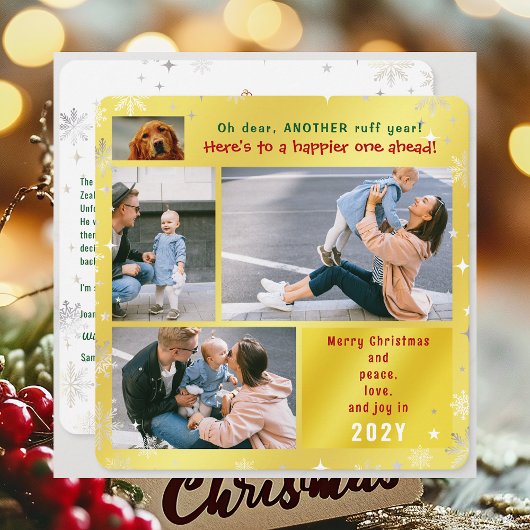 Grappige Hond Ruff Jaar Vrede Liefde Joy 4 Foto's Feestdagenkaart