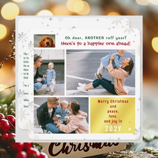 Grappige Hond Ruff Jaar Vrede Liefde Joy 4 Foto's Feestdagenkaart