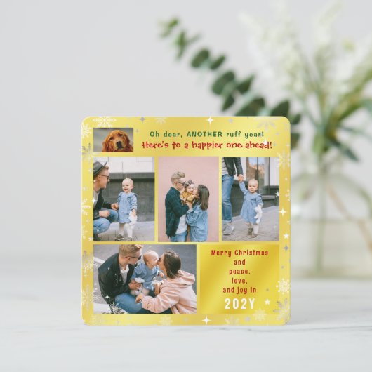 Grappige Hond Ruff Jaar Vrede Liefde Joy Golden 5  Feestdagenkaart (Staand voorkant)