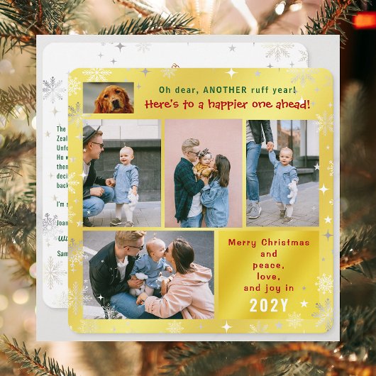 Grappige Hond Ruig Jaar Vrede Liefde Vreugde Goude Feestdagenkaart