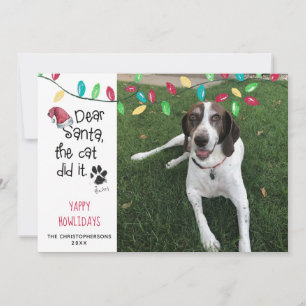 Grappige hond zegt vakantielichten foto hond naam feestdagenkaart