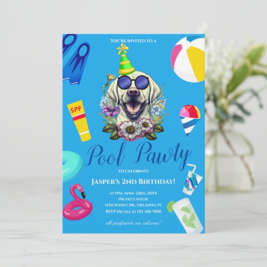 Grappige Hond Zwembad Party Verjaardag Kaart (Staand voorkant)