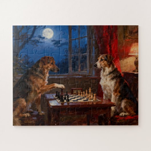 Grappige honden die schaken spelen hondenliefhebbe legpuzzel (Horizontaal)