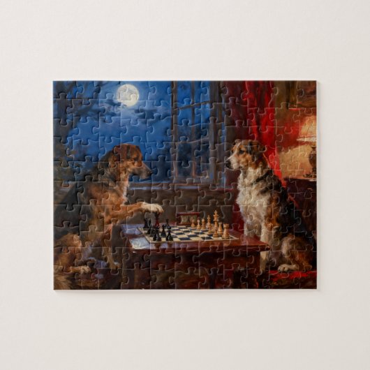 Grappige honden die schaken spelen hondenliefhebbe legpuzzel (Horizontaal)