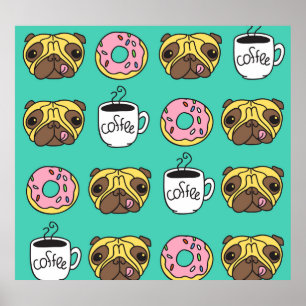 Grappige honden, donuts, koffie patroon. poster