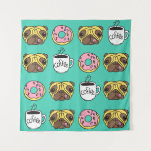 Grappige honden, donuts, koffie patroon. wandkleed