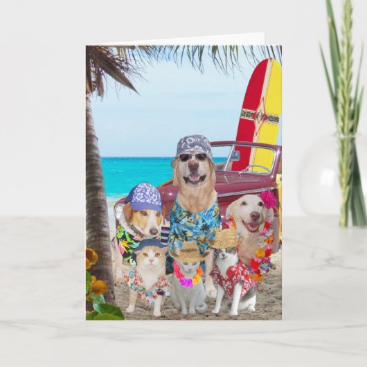 Grappige honden / katten Hawaiian / surfer verjaar Kaart (Voorkant)
