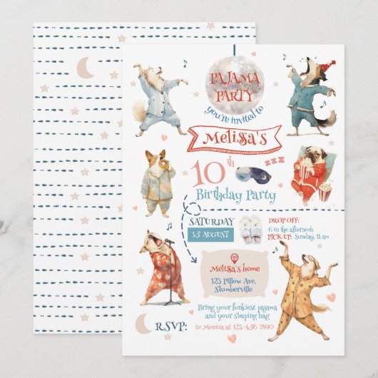 Grappige Honden Pyjama Party Uitnodiging Verjaarda (Voorkant / Achterkant)
