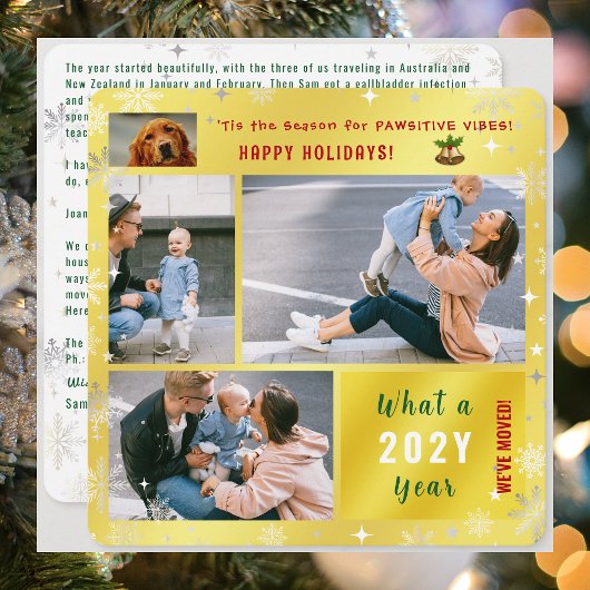 Grappige hondenkat We hebben 4 foto's Elegant Gold Feestdagenkaart