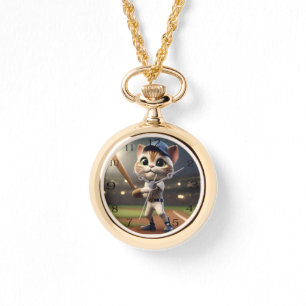 Grappige honkbalkat, dames Ketting horloge