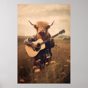 Grappige Hoogland Koe Guitar Print Retro Dieren Mu