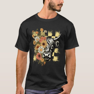 Grappige Hoogland Koe Retro Bloem Boerderij Dieren T-shirt