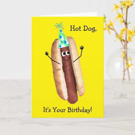 Grappige Hot Dog Verjaardag Kaart voor iedereen (Gele Bloem)