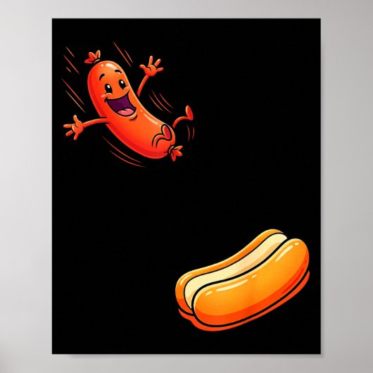 Grappige hotdog die in een broodje springt worst b poster (Voorkant)