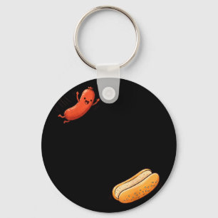 Grappige hotdog die in een broodje springt worst b sleutelhanger
