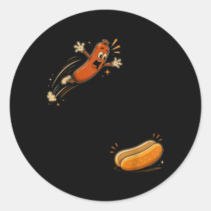 Grappige Hotdog Springt in Broodje Worst BBQ Hoog Ronde Sticker