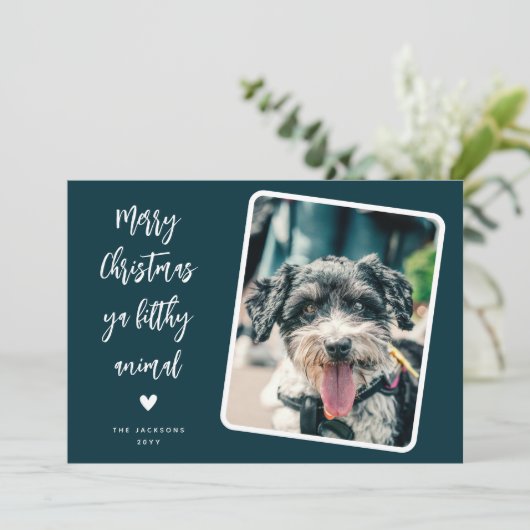 Grappige huisdier foto vrolijk kerstfeest feestdagenkaart (Staand voorkant)