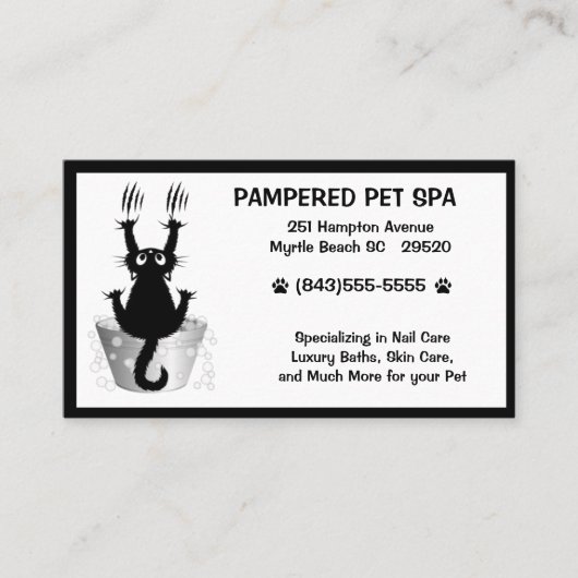 Grappige huisdier groomer kat in bad zwart wit visitekaartje (Voorkant)