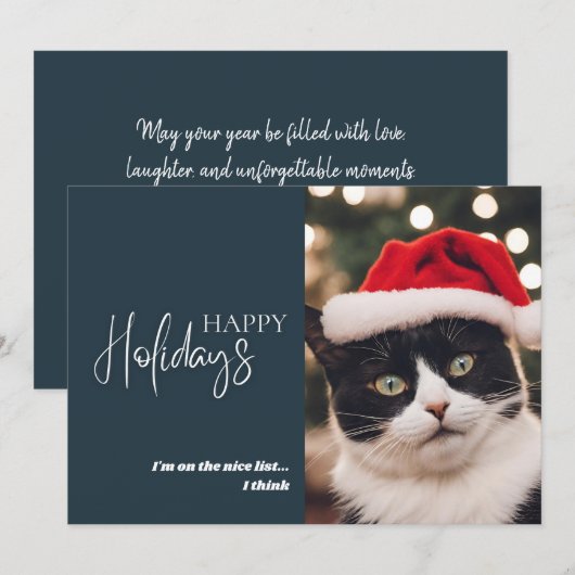 Grappige huisdier Kerstmis kat nette lijst Blauw Feestdagenkaart (Voorkant / Achterkant)