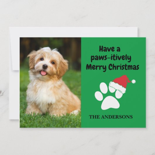 Grappige huisdierhond foto poot kerstman hoed vrol feestdagenkaart (Voorkant)