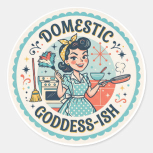 Grappige huishoudelijke godin uit het midden van d ronde sticker