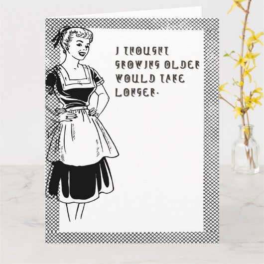 Grappige huisvrouw uit de jaren 50 kaart (Gele Bloem)