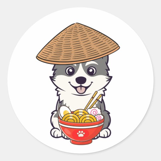 Grappige husky eet noedels ronde sticker (Voorkant)