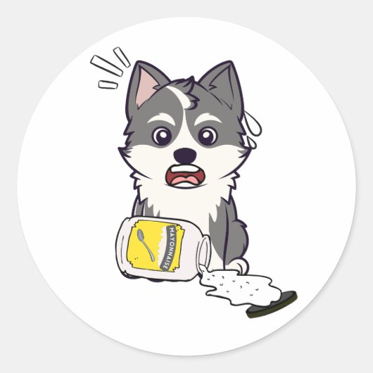 Grappige husky hond gemorste mayonaise ronde sticker (Voorkant)