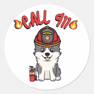 Grappige Husky hond is een brandweerman Ronde Sticker