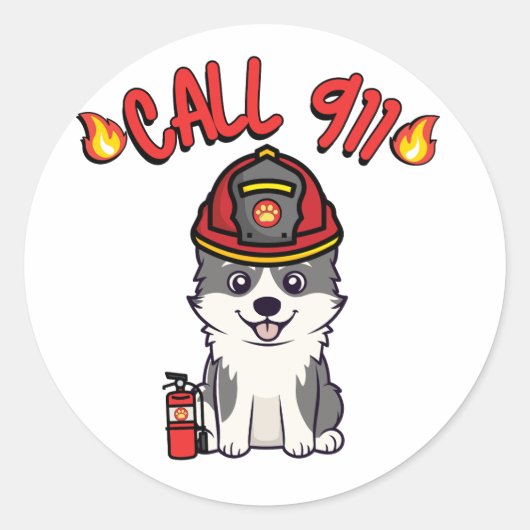 Grappige Husky hond is een brandweerman Ronde Sticker (Voorkant)