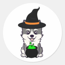Grappige husky hond is een heks ronde sticker