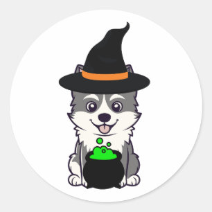 Grappige husky hond is een heks ronde sticker