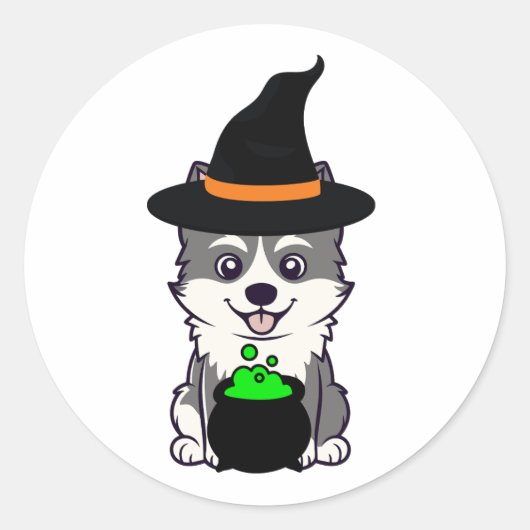 Grappige husky hond is een heks ronde sticker (Voorkant)