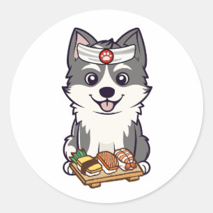 Grappige husky hond is een sushi chef ronde sticker