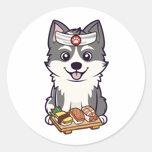 Grappige husky hond is een sushi chef ronde sticker (Voorkant)