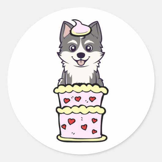 Grappige husky springen uit een taart ronde sticker (Voorkant)